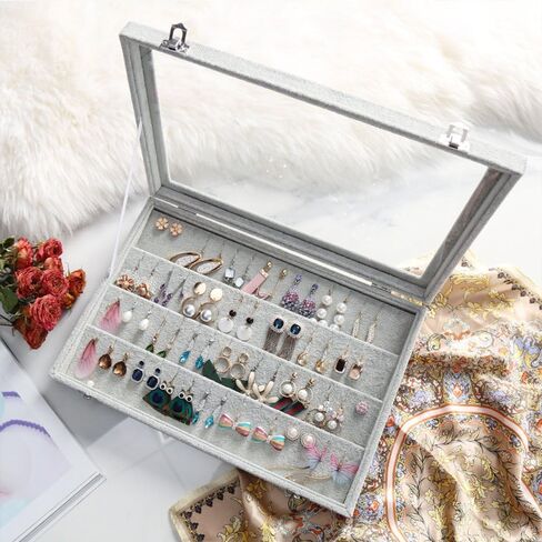 Wudygirl Velvet Jewelry Organizer Clear Lid Earring Holder Organizer 32 Pairs Earrings Storage Stud Tray Showcase Display Case（Earring Storage） in Saudi Arabia