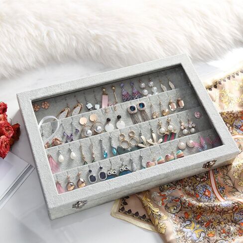 Wudygirl Velvet Jewelry Organizer Clear Lid Earring Holder Organizer 32 Pairs Earrings Storage Stud Tray Showcase Display Case（Earring Storage） in Saudi Arabia