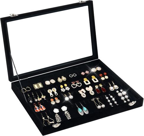 Jenseits Necklace Organizer Box, Tray with Clear Lid, Velvet Dustproof Necklaces Holder Storage Display Case, 20 Hooks Glass Top Jewelry Tray Drawer Insert for Pendant Bracelet in Saudi Arabia