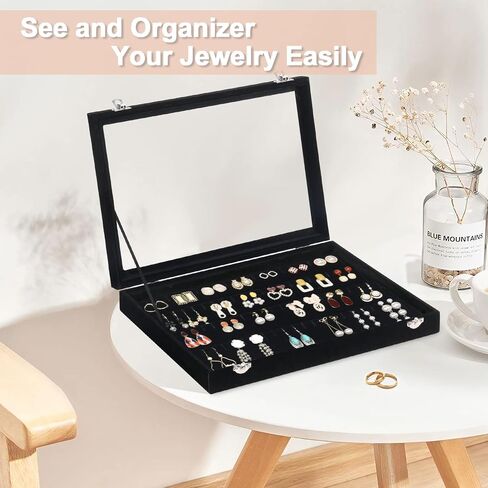 Jenseits Necklace Organizer Box, Tray with Clear Lid, Velvet Dustproof Necklaces Holder Storage Display Case, 20 Hooks Glass Top Jewelry Tray Drawer Insert for Pendant Bracelet in Saudi Arabia