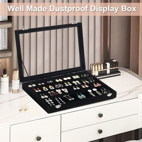 Jenseits Necklace Organizer Box, Tray with Clear Lid, Velvet Dustproof Necklaces Holder Storage Display Case, 20 Hooks Glass Top Jewelry Tray Drawer Insert for Pendant Bracelet in Saudi Arabia