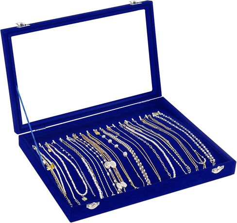 Jenseits Necklace Organizer Box, Tray with Clear Lid, Velvet Dustproof Necklaces Holder Storage Display Case, 20 Hooks Glass Top Jewelry Tray Drawer Insert for Pendant Bracelet in Kuwait