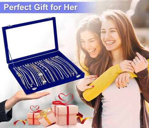 Jenseits Necklace Organizer Box, Tray with Clear Lid, Velvet Dustproof Necklaces Holder Storage Display Case, 20 Hooks Glass Top Jewelry Tray Drawer Insert for Pendant Bracelet in Kuwait