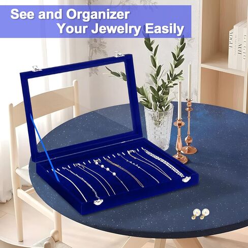 Jenseits Necklace Organizer Box, Tray with Clear Lid, Velvet Dustproof Necklaces Holder Storage Display Case, 20 Hooks Glass Top Jewelry Tray Drawer Insert for Pendant Bracelet in Kuwait
