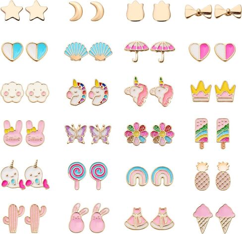 24 Pairs Hypoallergenic Stud Earrings Set for Girls Sensitive Ears With Stainless Steel Post Colorful Cute Earrings for Girls Women in Kuwait