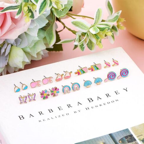 24 Pairs Hypoallergenic Stud Earrings Set for Girls Sensitive Ears With Stainless Steel Post Colorful Cute Earrings for Girls Women in Kuwait