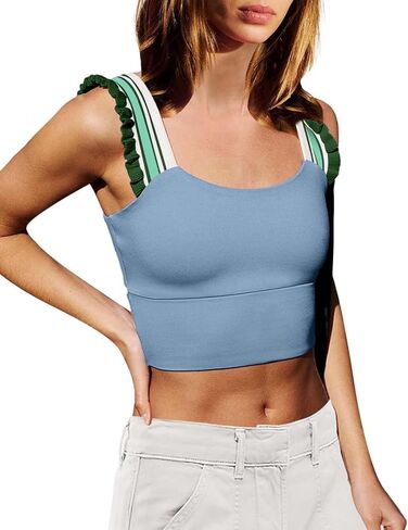 Wenlia Women's Cropped Tank Tops Sleeveless Stretchy Camisole Ruffle Wide Strap Cut Out Workout Gym Athletic Camis Shirt in Saudi Arabia