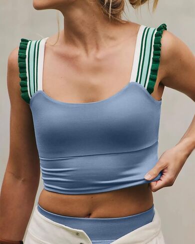 Wenlia Women's Cropped Tank Tops Sleeveless Stretchy Camisole Ruffle Wide Strap Cut Out Workout Gym Athletic Camis Shirt in Saudi Arabia