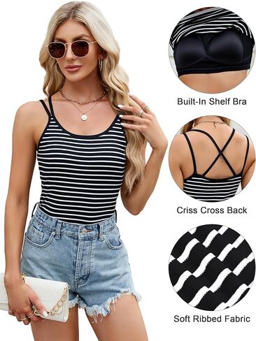 قطع علوية نسائية مضلعة من Blooming Jelly مع حمالات صدر مدمجة في الرف بدون أكمام، قطع علوية صيفية كامي 2024 in Kuwait