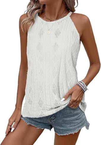 BLENCOT Tanks Tops for Women Trendy 2025 Spring Summer Casual Sleeveless Eyelet Basic Textured Halter Neck T Shirts in Kuwait