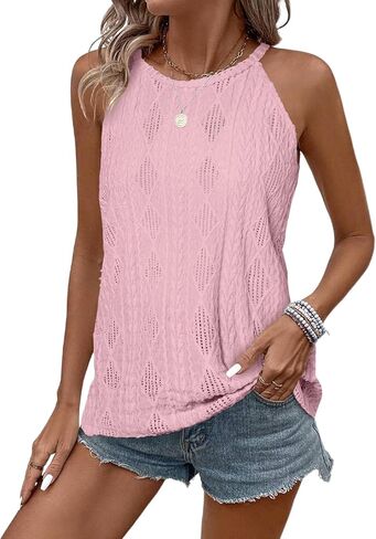 BLENCOT Tanks Tops for Women Trendy 2025 Spring Summer Casual Sleeveless Eyelet Basic Textured Halter Neck T Shirts in Kuwait