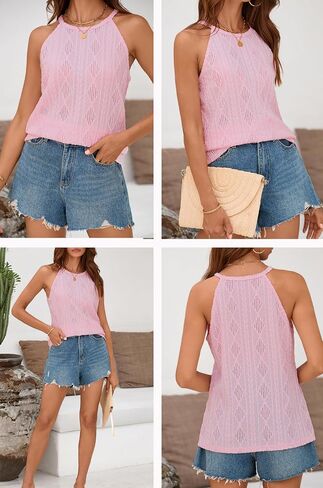 BLENCOT Tanks Tops for Women Trendy 2025 Spring Summer Casual Sleeveless Eyelet Basic Textured Halter Neck T Shirts in Kuwait