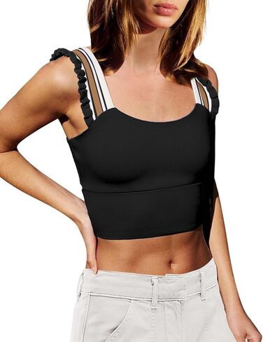 Wenlia Women's Cropped Tank Tops Sleeveless Stretchy Camisole Ruffle Wide Strap Cut Out Workout Gym Athletic Camis Shirt in Kuwait