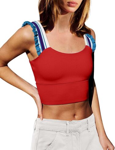 Wenlia Women's Cropped Tank Tops Sleeveless Stretchy Camisole Ruffle Wide Strap Cut Out Workout Gym Athletic Camis Shirt in Saudi Arabia