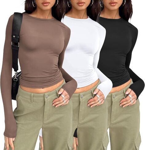 AUTOMET Womens Long Sleeve Shirt Basic Crop Tops Fall Fashion Underscrubs Layer Slim Fit Winter Clothes in Kuwait