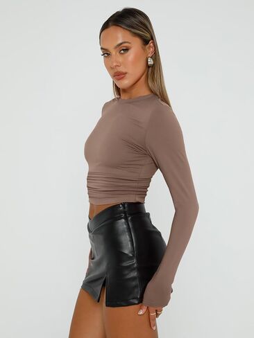 AUTOMET Womens Long Sleeve Shirt Basic Crop Tops Fall Fashion Underscrubs Layer Slim Fit Winter Clothes in Kuwait
