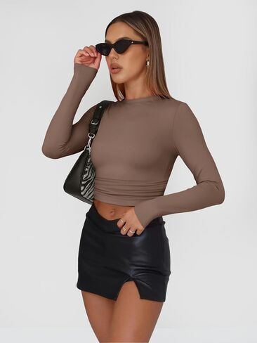 AUTOMET Womens Long Sleeve Shirt Basic Crop Tops Fall Fashion Underscrubs Layer Slim Fit Winter Clothes in Kuwait