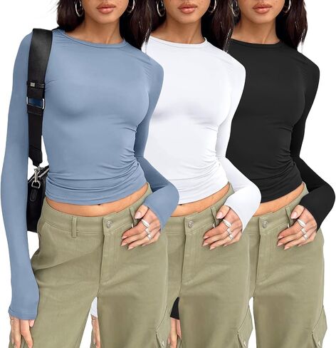AUTOMET Womens Long Sleeve Shirt Basic Crop Tops Fall Fashion Underscrubs Layer Slim Fit Winter Clothes in Kuwait