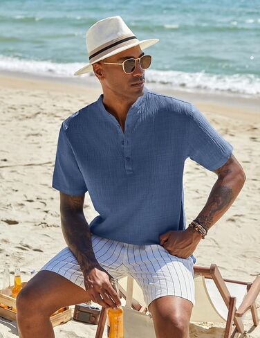 COOFANDY Men's Casual Henley Shirt Short Sleeve Linen Shirt Band Collar Summer Hippie Beach T-Shirts in Saudi Arabia