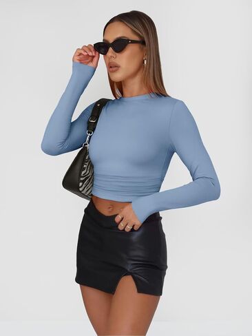 AUTOMET Womens Long Sleeve Shirt Basic Crop Tops Fall Fashion Underscrubs Layer Slim Fit Winter Clothes in Kuwait