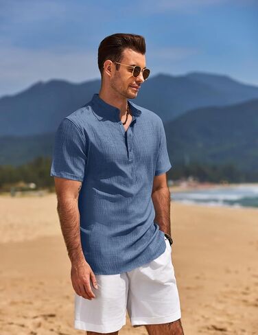 COOFANDY Men's Casual Henley Shirt Short Sleeve Linen Shirt Band Collar Summer Hippie Beach T-Shirts in Saudi Arabia