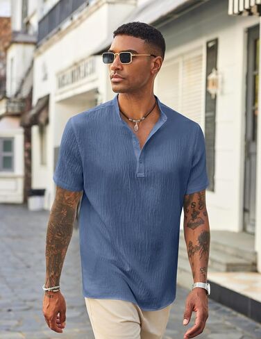 COOFANDY Men's Casual Henley Shirt Short Sleeve Linen Shirt Band Collar Summer Hippie Beach T-Shirts in Saudi Arabia