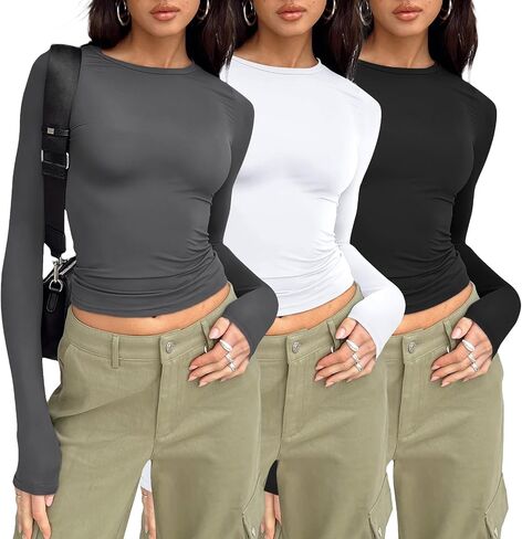 AUTOMET Womens Long Sleeve Shirt Basic Crop Tops Fall Fashion Underscrubs Layer Slim Fit Winter Clothes in Kuwait