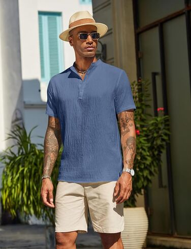 COOFANDY Men's Casual Henley Shirt Short Sleeve Linen Shirt Band Collar Summer Hippie Beach T-Shirts in Saudi Arabia