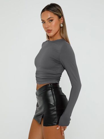 AUTOMET Womens Long Sleeve Shirt Basic Crop Tops Fall Fashion Underscrubs Layer Slim Fit Winter Clothes in Kuwait