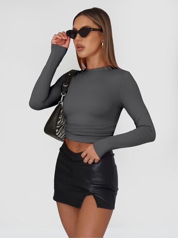 AUTOMET Womens Long Sleeve Shirt Basic Crop Tops Fall Fashion Underscrubs Layer Slim Fit Winter Clothes in Kuwait