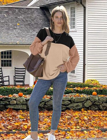 WIHOLL Womens Fall Fashion 2024 Color Block Long Sleeve Crewneck Knitted Ribbed Shirts Tunic Tops Casual Loose Trendy in Kuwait