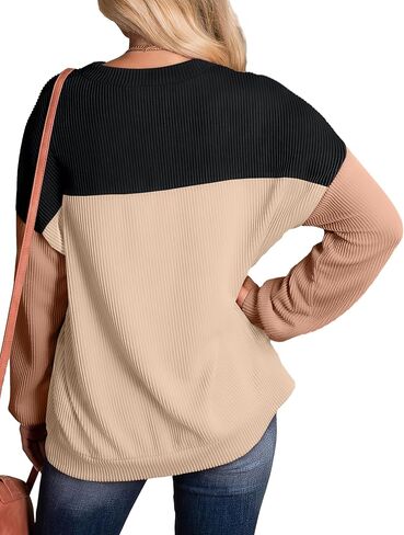 WIHOLL Womens Fall Fashion 2024 Color Block Long Sleeve Crewneck Knitted Ribbed Shirts Tunic Tops Casual Loose Trendy in Kuwait