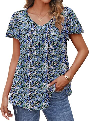 HOTOUCH Womens Flutter Sleeve Pleated Tunic Plus Size Tops Casual V Neck Blouses Loose Boho Floral Short Sleeve Summer Shirts in Kuwait