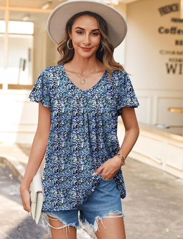 HOTOUCH Womens Flutter Sleeve Pleated Tunic Plus Size Tops Casual V Neck Blouses Loose Boho Floral Short Sleeve Summer Shirts in Kuwait
