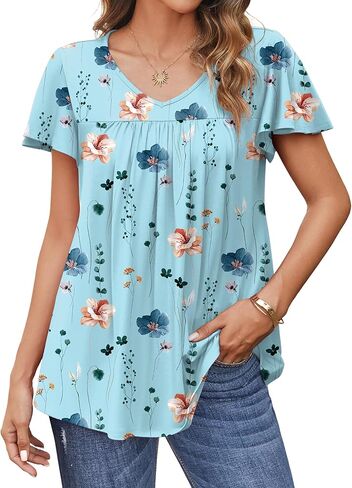 HOTOUCH Womens Flutter Sleeve Pleated Tunic Plus Size Tops Casual V Neck Blouses Loose Boho Floral Short Sleeve Summer Shirts in Kuwait