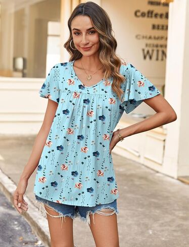 HOTOUCH Womens Flutter Sleeve Pleated Tunic Plus Size Tops Casual V Neck Blouses Loose Boho Floral Short Sleeve Summer Shirts in Kuwait