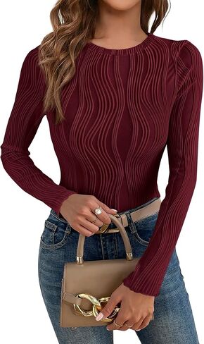 PRETTYGARDEN Women's Tops 2024 Cute Long Sleeve Crewneck Blouses Plain Slim Fit Fall Shirts Textured Knit Basic T Shirts in Saudi Arabia