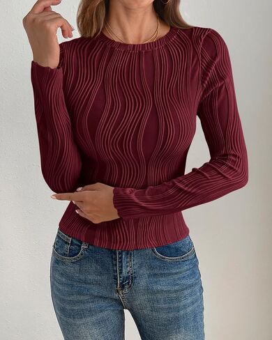 PRETTYGARDEN Women's Tops 2024 Cute Long Sleeve Crewneck Blouses Plain Slim Fit Fall Shirts Textured Knit Basic T Shirts in Saudi Arabia