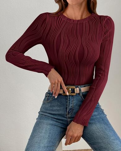 PRETTYGARDEN Women's Tops 2024 Cute Long Sleeve Crewneck Blouses Plain Slim Fit Fall Shirts Textured Knit Basic T Shirts in Saudi Arabia