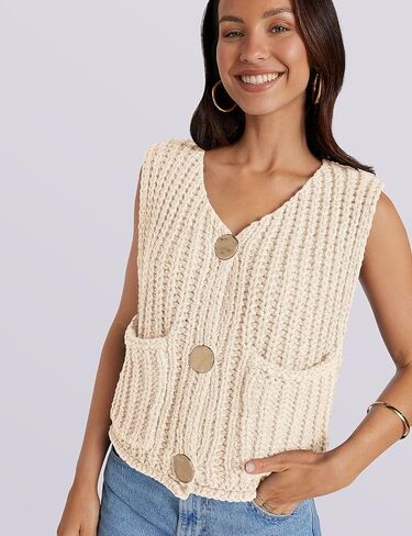 UEU Womens Chunky Sweater Vest Button Down Sleeveless Cardigan V Neck Crop Crochet Knit Tops 2025 Fashion Trendy Clothes in Saudi Arabia