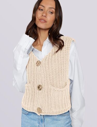 UEU Womens Chunky Sweater Vest Button Down Sleeveless Cardigan V Neck Crop Crochet Knit Tops 2025 Fashion Trendy Clothes in Saudi Arabia