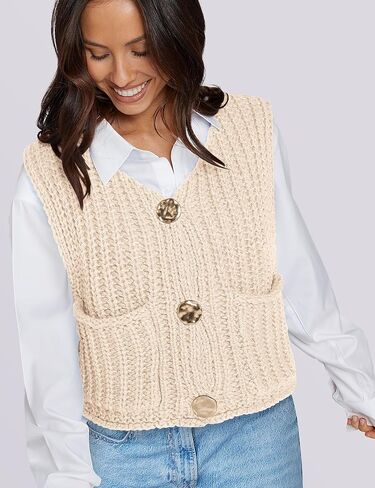 UEU Womens Chunky Sweater Vest Button Down Sleeveless Cardigan V Neck Crop Crochet Knit Tops 2025 Fashion Trendy Clothes in Saudi Arabia