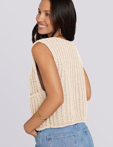 UEU Womens Chunky Sweater Vest Button Down Sleeveless Cardigan V Neck Crop Crochet Knit Tops 2025 Fashion Trendy Clothes in Saudi Arabia