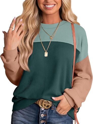 WIHOLL Womens Fall Fashion 2024 Color Block Long Sleeve Crewneck Knitted Ribbed Shirts Tunic Tops Casual Loose Trendy in Saudi Arabia