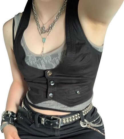 Y2K Button Down Dressy Vest Retro Vintage Black Cute Frill Sleeveless Crop Top Vest 90S Grunge Shirts in Kuwait