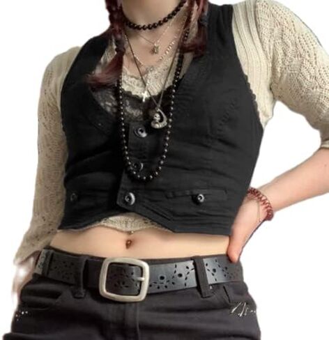 Y2K Button Down Dressy Vest Retro Vintage Black Cute Frill Sleeveless Crop Top Vest 90S Grunge Shirts in Kuwait