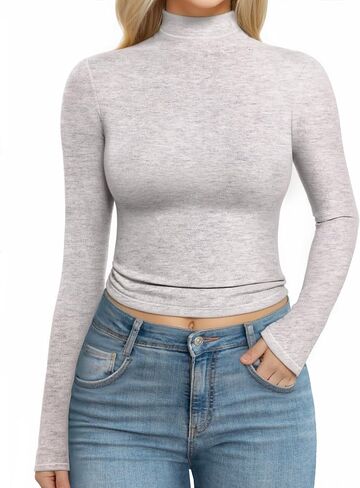 MANGOPOP Women's Turtle Neck T-Shirt Long Sleeve Crop Top Hourglass Shaped Slim Fit Top in Saudi Arabia