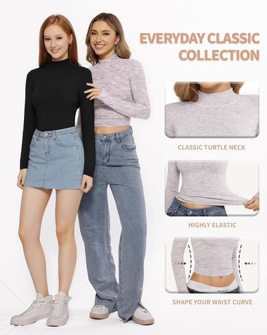 MANGOPOP Women's Turtle Neck T-Shirt Long Sleeve Crop Top Hourglass Shaped Slim Fit Top in Saudi Arabia