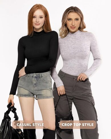 MANGOPOP Women's Turtle Neck T-Shirt Long Sleeve Crop Top Hourglass Shaped Slim Fit Top in Saudi Arabia