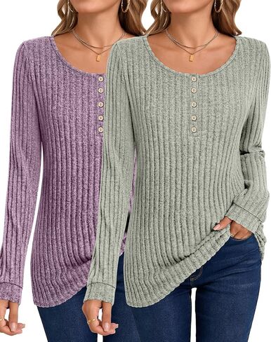 Ficerd 2 Pcs Women's Lightweight Sweaters Long Sleeve Ribbed Knit Tops Henley Shirts Crew Neck Casual Tee Solid Color Tunics in Saudi Arabia